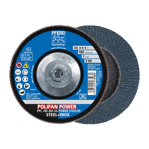Pferd 7" x 5/8-11 Thd. POLIFAN Flap Disc - Z SG POWER STEELOX, Zirconia, 60 Grit, Conical - 62329