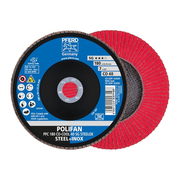 Pferd 7" x 7/8" A.H. POLIFAN Flap Disc - CO-COOL SG STEELOX, Ceramic oxide, 40 Grit, Conical - 62669
