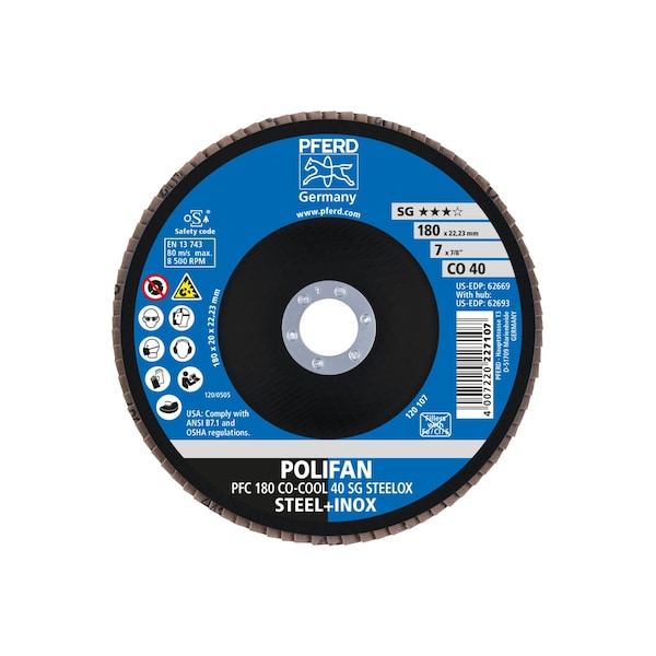Pferd 7" x 7/8" A.H. POLIFAN Flap Disc - CO-COOL SG STEELOX, Ceramic oxide, 40 Grit, Conical - 62669