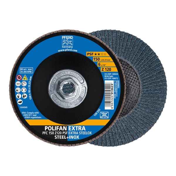 Pferd 6" x 5/8-11 Thd. POLIFAN Flap Disc - Z PSF EXTRA STEELOX, Zirconia, 120 Grit, Conical - 60672