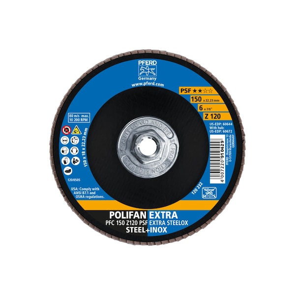 Pferd 6" x 5/8-11 Thd. POLIFAN Flap Disc - Z PSF EXTRA STEELOX, Zirconia, 120 Grit, Conical - 60672