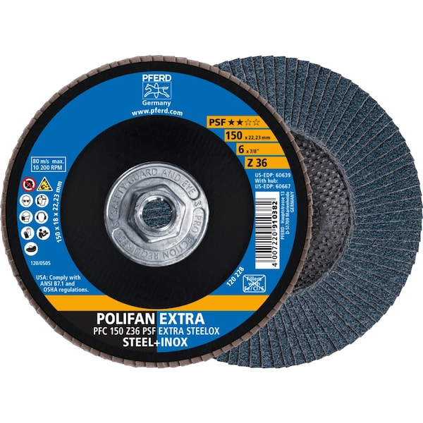 Pferd 6'' x 5/8-11 Thd. POLIFAN Flap Disc - Z PSF EXTRA STEELOX, Zirconia, 36 Grit, Conical - 60667
