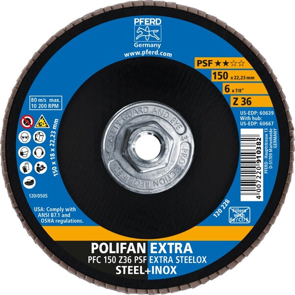 Pferd 6'' x 5/8-11 Thd. POLIFAN Flap Disc - Z PSF EXTRA STEELOX, Zirconia, 36 Grit, Conical - 60667
