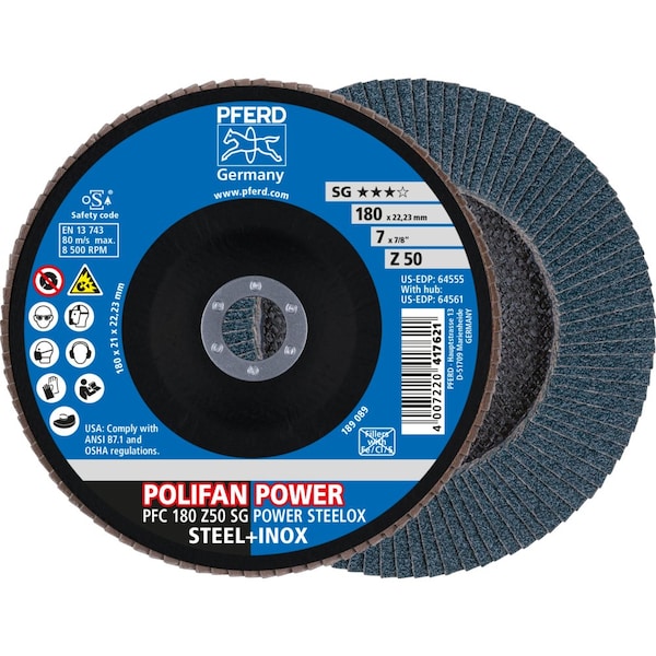 Pferd Flap Disc, 7''x7/8, Z SG POWER STEELOX, 50 Grit, T29, Conical, Zirconia - 64555