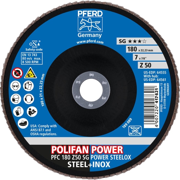Pferd Flap Disc, 7''x7/8, Z SG POWER STEELOX, 50 Grit, T29, Conical, Zirconia - 64555
