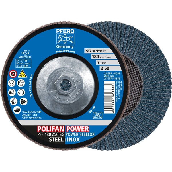 Pferd Flap Disc, 7''x5/8-11, Z SG POWER STEELOX, 50 Grit, T27, Flat, Zirconia - 64558