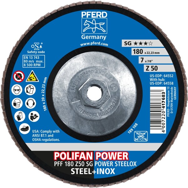 Pferd Flap Disc, 7''x5/8-11, Z SG POWER STEELOX, 50 Grit, T27, Flat, Zirconia - 64558