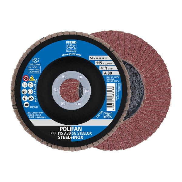 Pferd 4-1/2" x 7/8" A.H. POLIFAN Flap Disc - A SG STEELOX, Aluminum oxide, 80 Grit, Flat - 62154