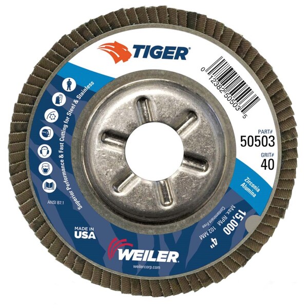 Weiler 4" Tiger DiscFlap Disc, Conical (TY29), Aluminum Backing, 40Z, 5/8" - 50503