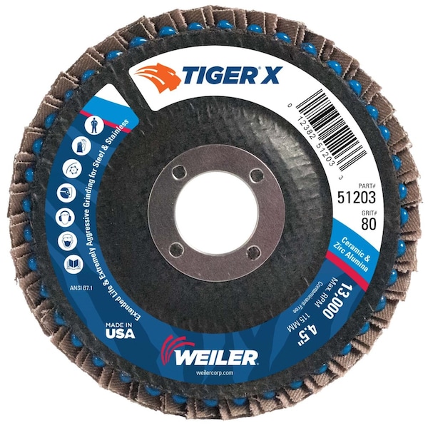 Weiler 4-1/2" Tiger X Flap Disc, Angled (TY29), Phenolic Backing, 80Z, 7/8" - 51203