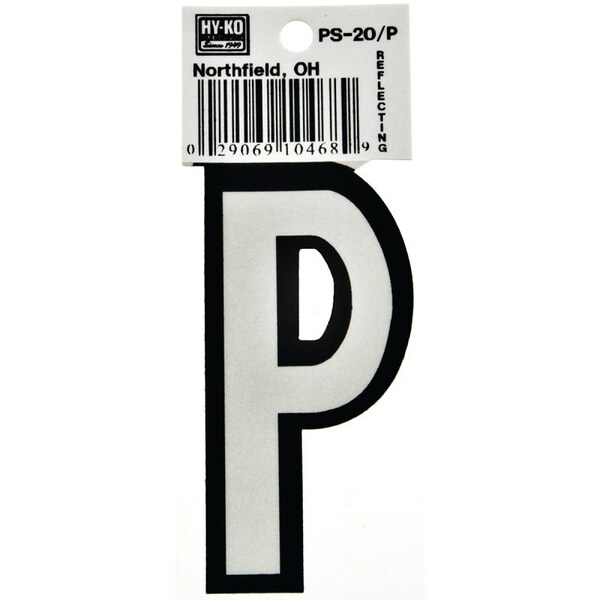 Hy-Ko Reflective Letter, Character: P, 3-1/4 in H Character, Black/White Character, Vinyl - PS-20/P