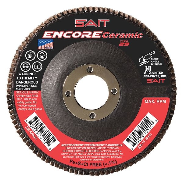 United Abrasives/Sait SAIT 72821 Encore Ceramic Fiberglass Backed Flap Disc  (Type 29) 4-1/2" x 7/8", 40 Grit, 10-Pack - 72821
