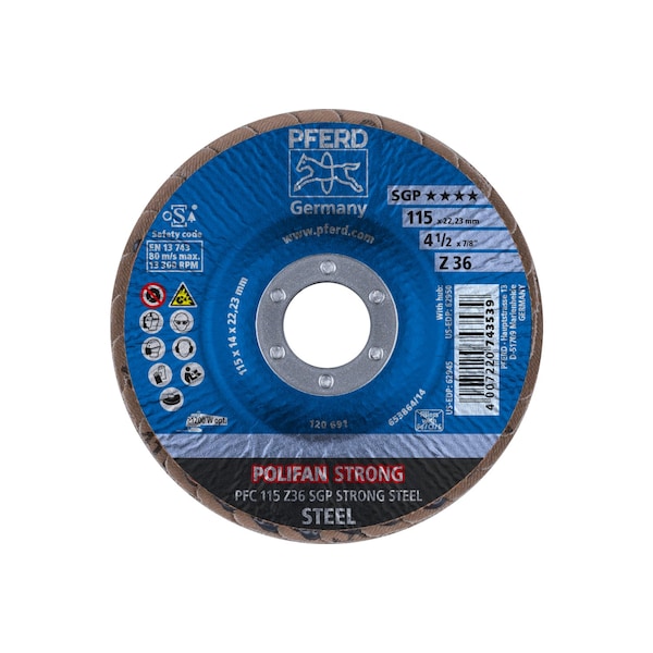 Pferd 4-1/2" x 7/8" A.H. POLIFAN Flap Disc - Z SGP STRONG STEEL, Zirconia, 36 Grit, Conical - 62945