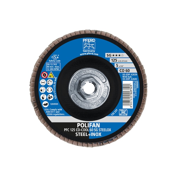 Pferd 5" x 5/8-11 Thd. POLIFAN Flap Disc - CO-COOL SG STEELOX, Ceramic oxide, 60 Grit, Conical - 62683