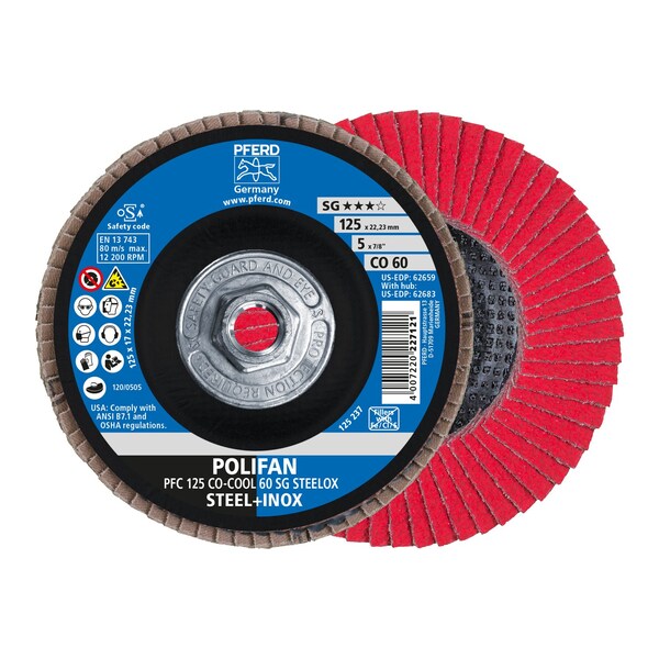 Pferd 5" x 5/8-11 Thd. POLIFAN Flap Disc - CO-COOL SG STEELOX, Ceramic oxide, 60 Grit, Conical - 62683