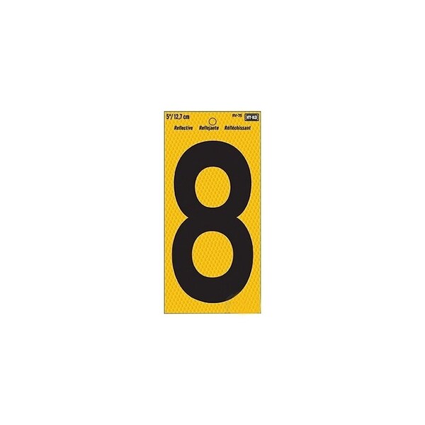 Hy-Ko Reflective Sign, Character: 8, 5 in H Character, Black Character, Yellow Background, Vinyl - RV-75/8