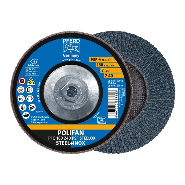 Pferd 7" x 5/8-11 Thd. POLIFAN Flap Disc - Z PSF STEELOX, Zirconia, 40 Grit, Conical - 62081