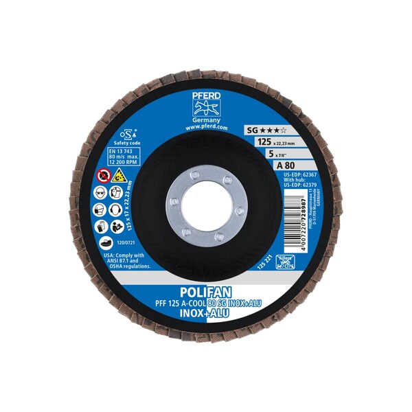 Pferd 5" x 7/8" A.H. POLIFAN Flap Disc - A-COOL SG INOX+ALU, Aluminum oxide, 80 Grit, Flat - 62367