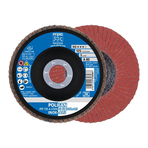 Pferd 5" x 7/8" A.H. POLIFAN Flap Disc - A-COOL SG INOX+ALU, Aluminum oxide, 80 Grit, Flat - 62367