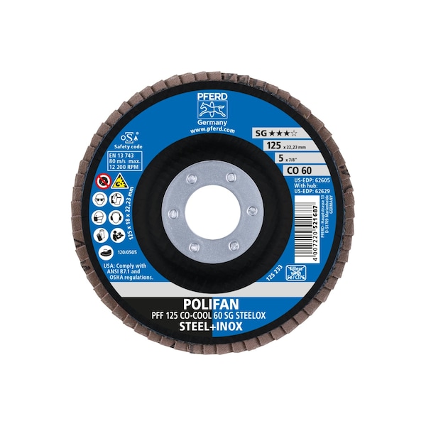 Pferd 5" x 7/8" A.H. POLIFAN Flap Disc - CO-COOL SG STEELOX, Ceramic oxide, 60 Grit, Flat - 62605