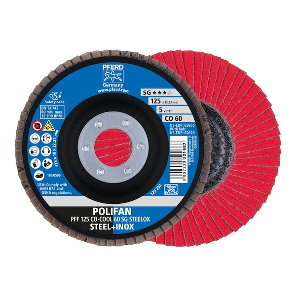 Pferd 5" x 7/8" A.H. POLIFAN Flap Disc - CO-COOL SG STEELOX, Ceramic oxide, 60 Grit, Flat - 62605