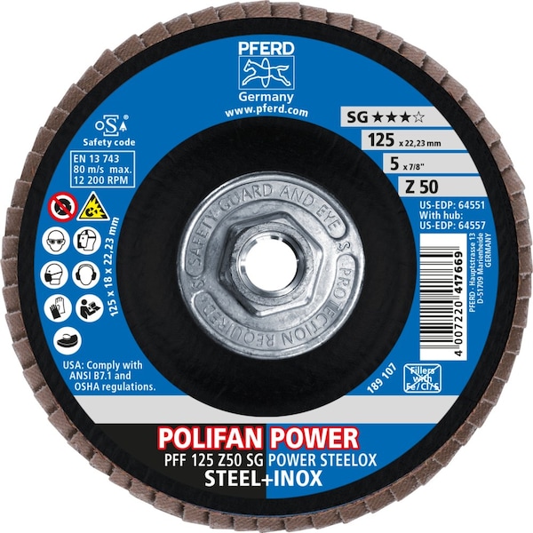 Pferd Flap Disc, 5''x5/8-11, Z SG POWER STEELOX, 50 Grit, T27, Flat, Zirconia - 64557