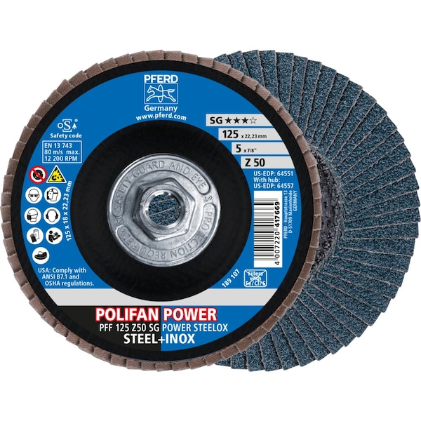 Pferd Flap Disc, 5''x5/8-11, Z SG POWER STEELOX, 50 Grit, T27, Flat, Zirconia - 64557