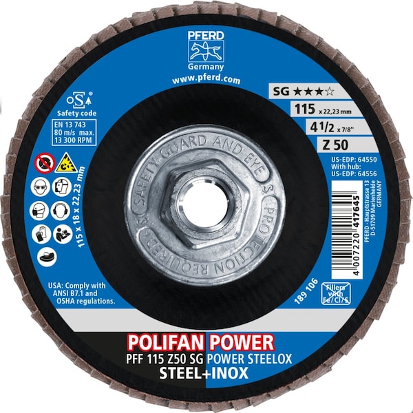Pferd Flap Disc, 4-1/2''x5/8-11, Z SG POWER STEELOX, 50 Grit, T27, Flat, Zirconia - 64556