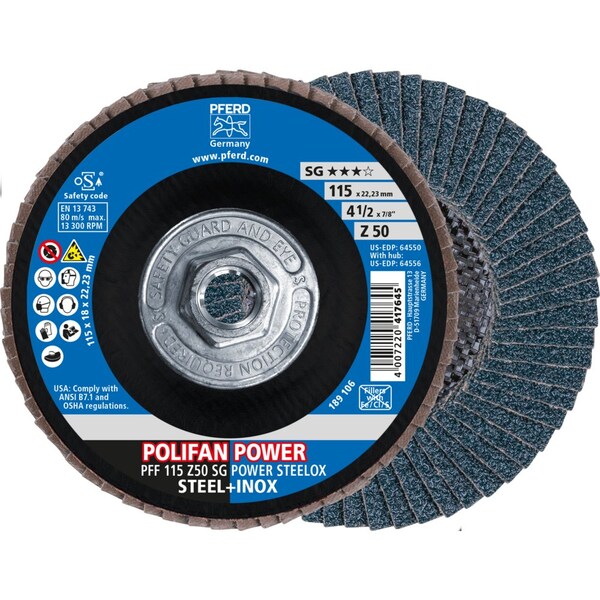 Pferd Flap Disc, 4-1/2''x5/8-11, Z SG POWER STEELOX, 50 Grit, T27, Flat, Zirconia - 64556