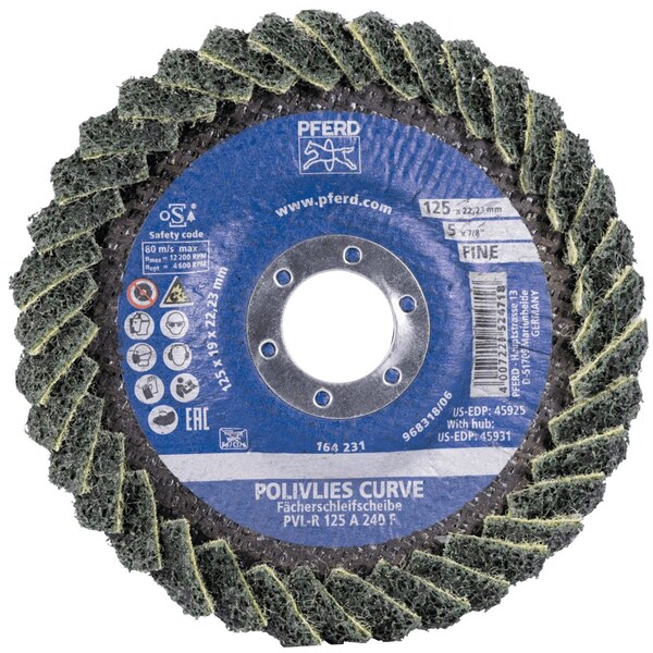 Pferd PFERD Flap Disc, PVL-R, POLIVLIES CURVE, 5in x 7/8, Fine, Aluminum oxide - 45925