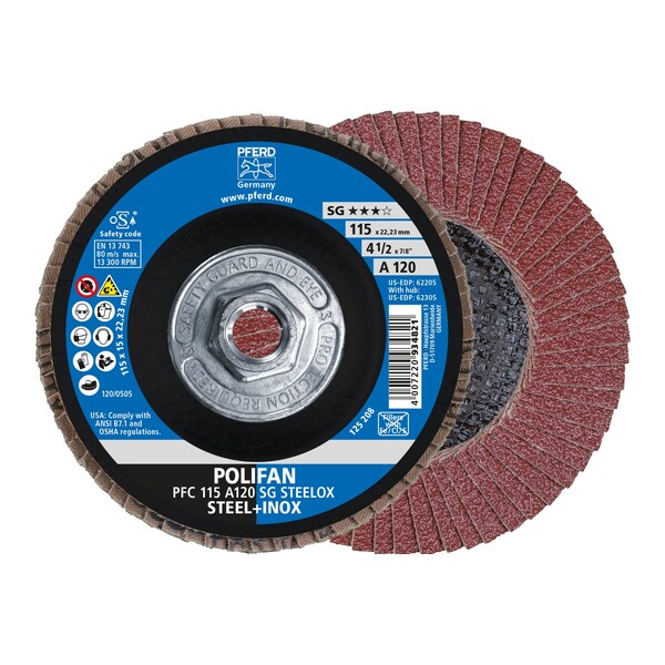 Pferd 4-1/2" x 5/8-11 Thd. POLIFAN Flap Disc - A SG STEELOX, Aluminum oxide, 120 Grit, Conical - 62305