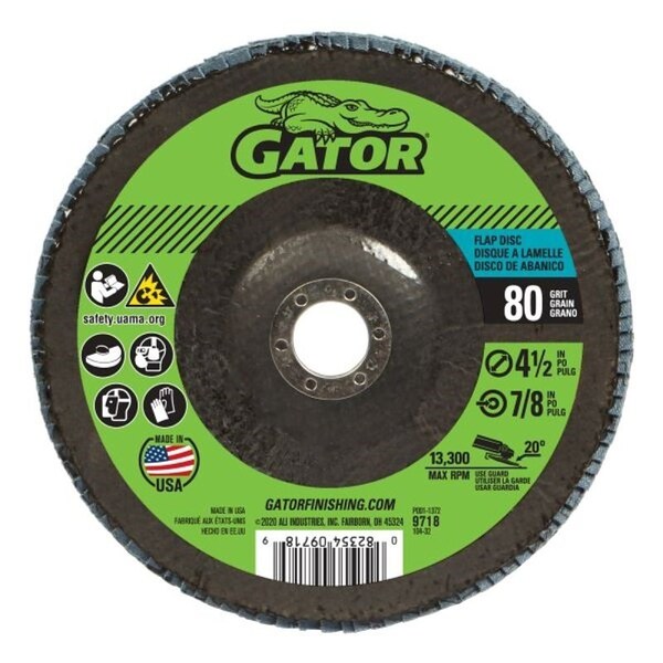 Gator Abrasive Flap Disc, 4-1/2 in Dia, 80 Grit, Medium, Zirconium Oxide Abrasive, Fiberglass Backing - 9718