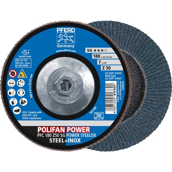 Pferd Flap Disc, 7''x5/8-11, Z SG POWER STEELOX, 50 Grit, T29, Conical, Zirconia - 64561