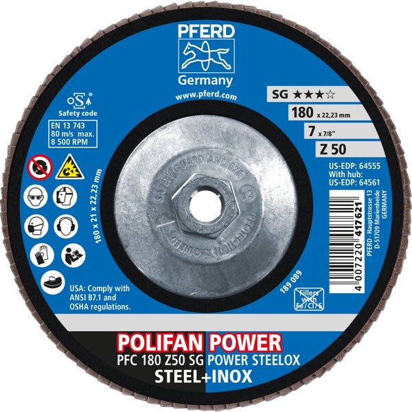 Pferd Flap Disc, 7''x5/8-11, Z SG POWER STEELOX, 50 Grit, T29, Conical, Zirconia - 64561