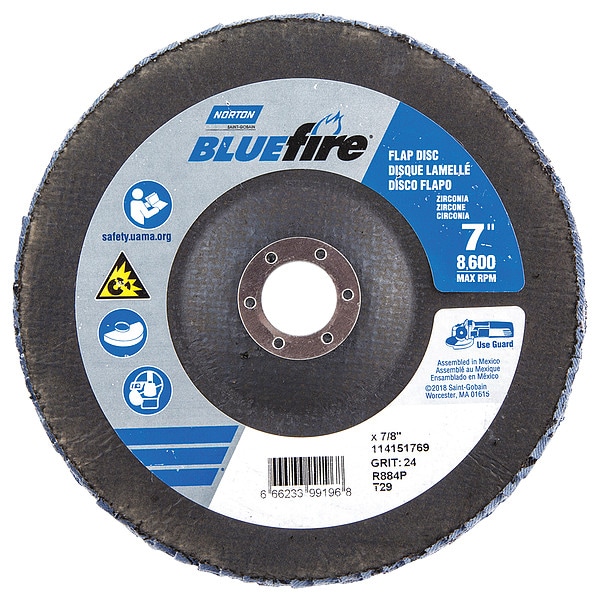 Norton Abrasives Flap Disc, 7 In x 24 Grit, 7/8 - 66623399196