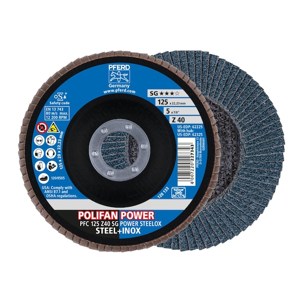 Pferd 5" x 7/8" A.H. POLIFAN Flap Disc - Z SG POWER STEELOX, Zirconia, 40 Grit, Conical - 62225