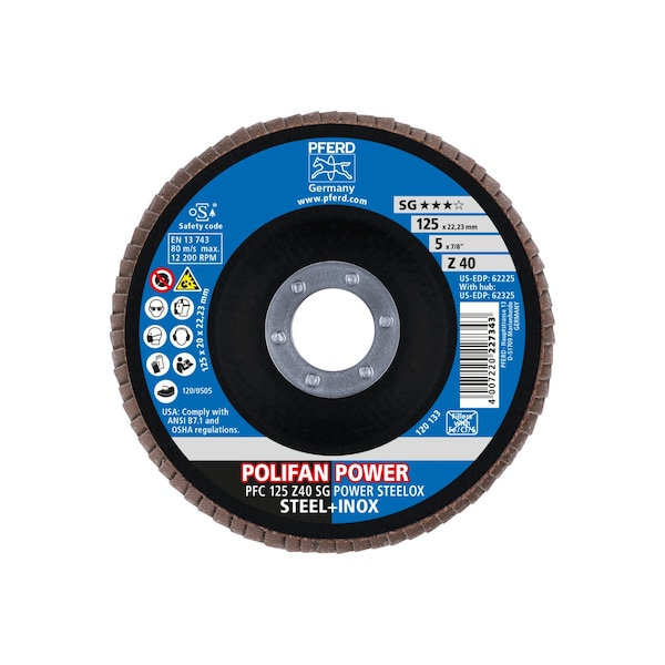 Pferd 5" x 7/8" A.H. POLIFAN Flap Disc - Z SG POWER STEELOX, Zirconia, 40 Grit, Conical - 62225