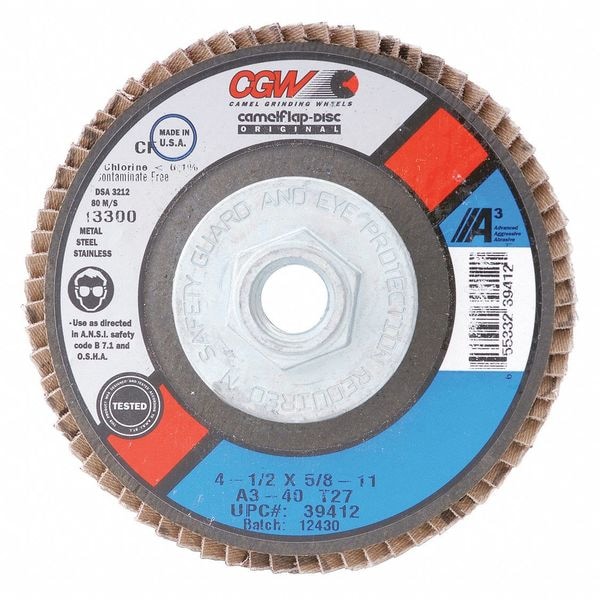 Cgw Abrasives Flap Disc, 4.5x7/8, T27, A3, Reg, 80G - 39405