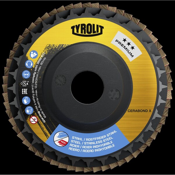 Tryolit Abrasives TYROLIT Premium CERABOND Flap Disc, 4-1/2" x 7/8", Type 27, 40 Grit - 34334425