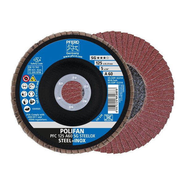 Pferd 5" x 7/8" A.H. POLIFAN Flap Disc - A SG STEELOX, Aluminum oxide, 60 Grit, Conical - 62214