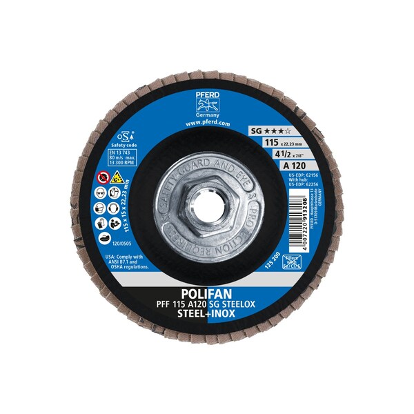 Pferd 4-1/2" x 5/8-11 Thd. POLIFAN Flap Disc - A SG STEELOX, Aluminum oxide, 120 Grit, Flat - 62256