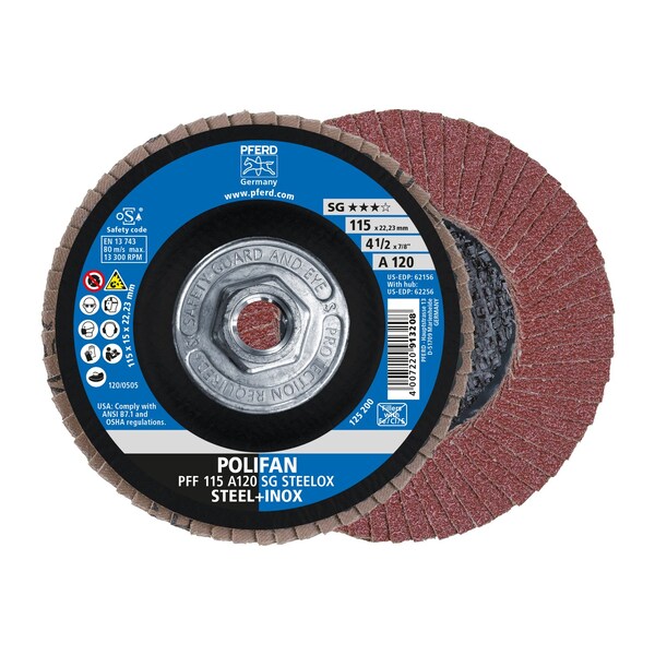 Pferd 4-1/2" x 5/8-11 Thd. POLIFAN Flap Disc - A SG STEELOX, Aluminum oxide, 120 Grit, Flat - 62256