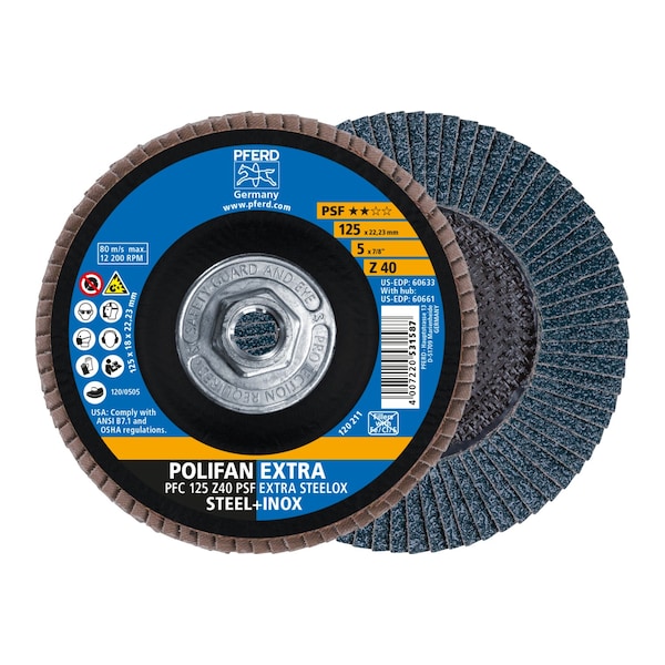 Pferd 5" x 5/8-11 Thd. POLIFAN Flap Disc - Z PSF EXTRA STEELOX, Zirconia, 40 Grit, Conical - 60661