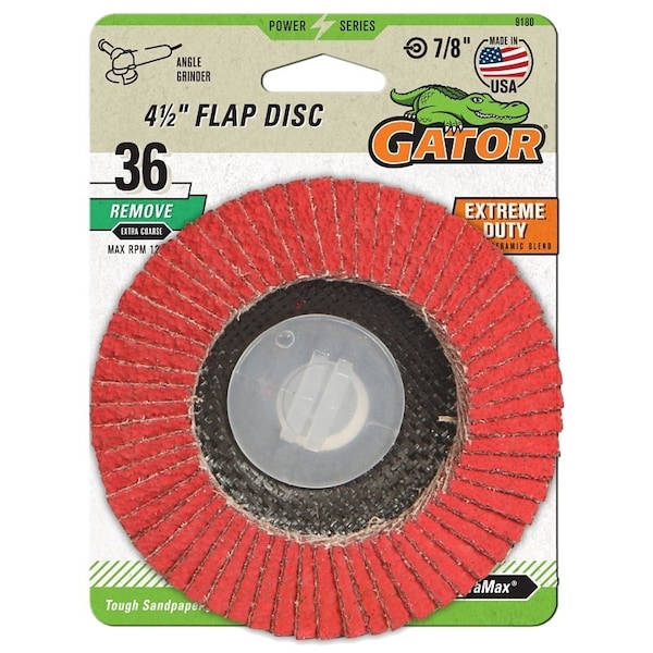 Gator Abrasive Flap Disc, 36 Grit, Extra-Coarse, Zirconium Oxide Abrasive, Fiberglass Backing, 7/8 in - 9180