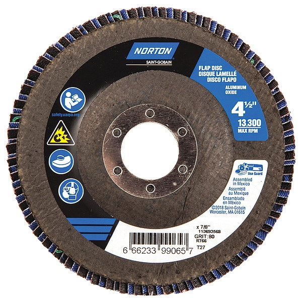 Norton Abrasives Flap Disc, 4 1/2 In x 80 Grit, 7/8 - 66623399065