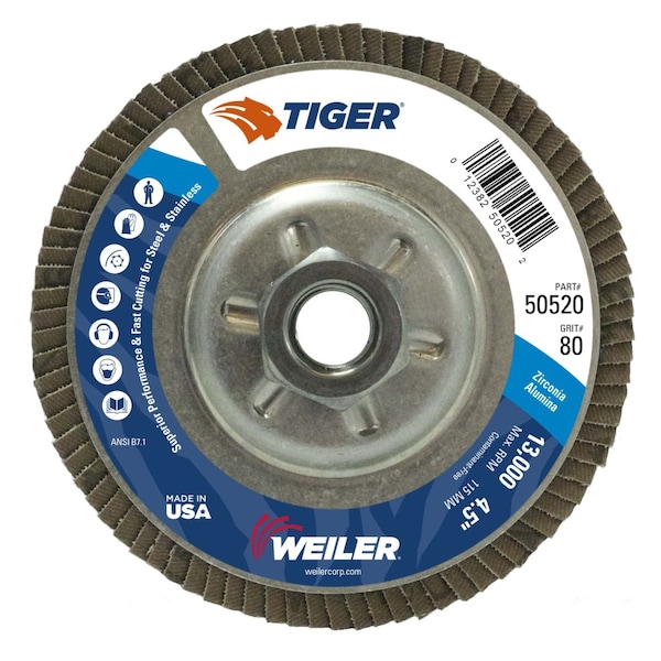 Weiler 4-1/2" Tiger DiscFlap Disc, Conical (TY29), 80Z, 5/8"-11 UNC - 50520