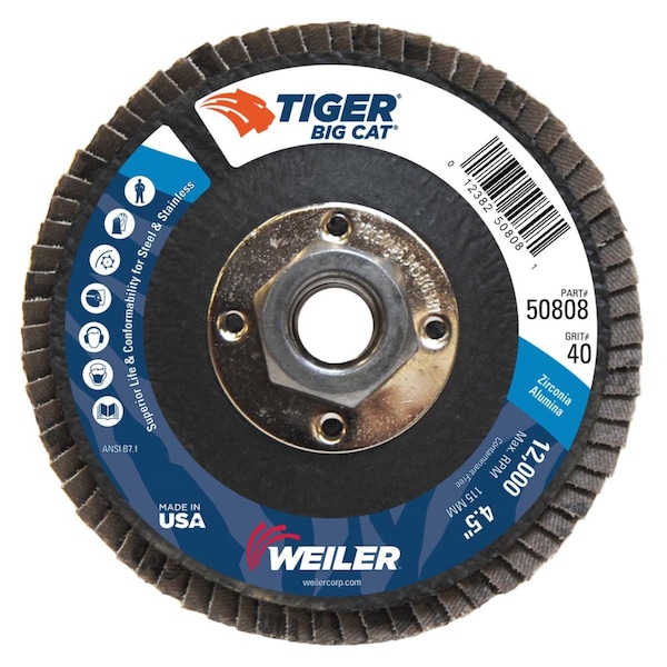 Weiler 4-1/2" Big Cat Abrasive Flap Disc, Flat (TY27), 40Z, 5/8"-11 UNC - 50808