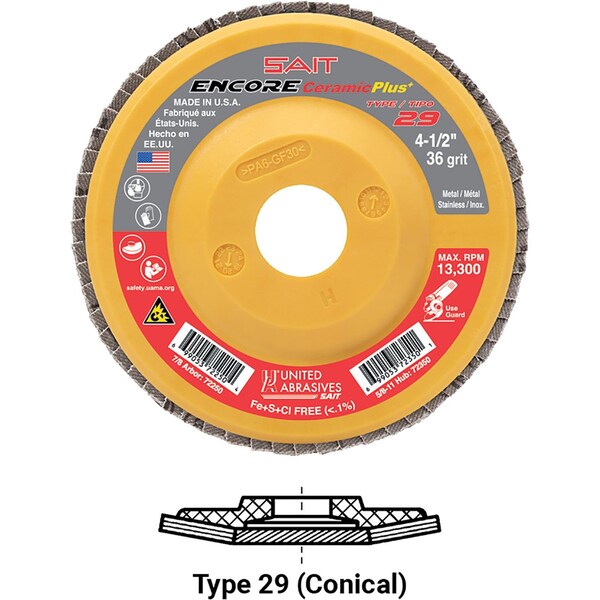 United Abrasives/Sait Ceramic Flap DiscT2945x78 36xPK10 - 72250