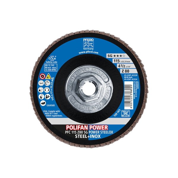 Pferd 4-1/2" x 5/8-11 Thd. POLIFAN Flap Disc - Z SG POWER STEELOX, Zirconia, 80 Grit, Conical - 62324