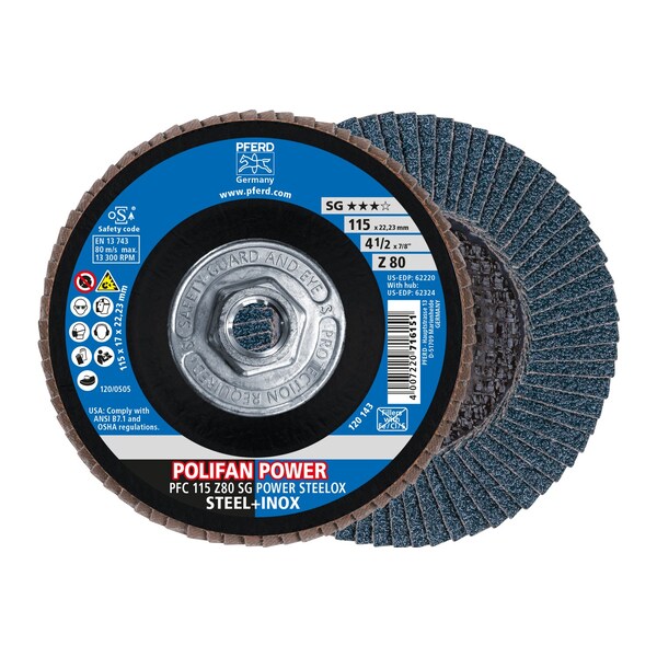 Pferd 4-1/2" x 5/8-11 Thd. POLIFAN Flap Disc - Z SG POWER STEELOX, Zirconia, 80 Grit, Conical - 62324